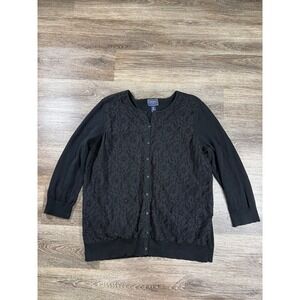 Chaps Classics Womens Black Lace Front Button Up Cardigan Sweater 1X Plus Size